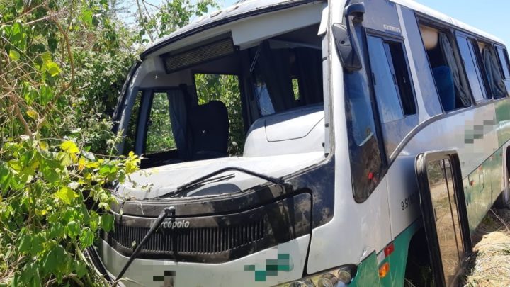 Ônibus sai da pista para não colidir de frente com um carro que realizava uma ultrapassagem na BR-104