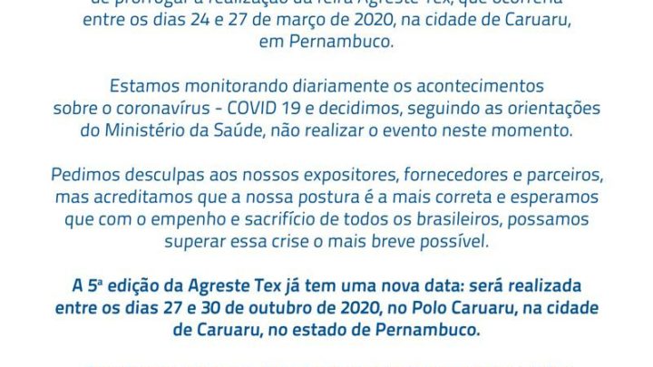 Agreste Tex 2020 de Caruaru é adiado para outubro devido o coronavírus