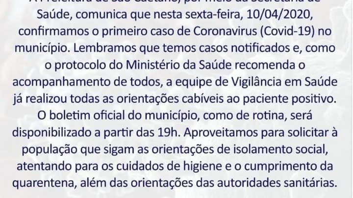 Secretaria de Saúde de São Caitano divulga o 1° caso de Covid-19