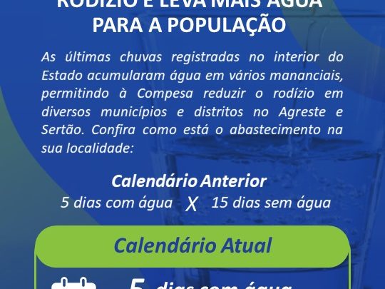 Compesa reduz rodízio de abastecimento de água em Caruaru; Confira o calendário do mês de abril