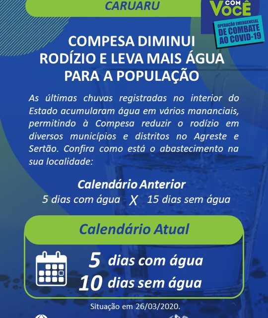 Compesa reduz rodízio de abastecimento de água em Caruaru; Confira o calendário do mês de abril