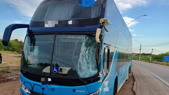 Andarilho na pista causa colisão frontal entre ônibus e caminhão