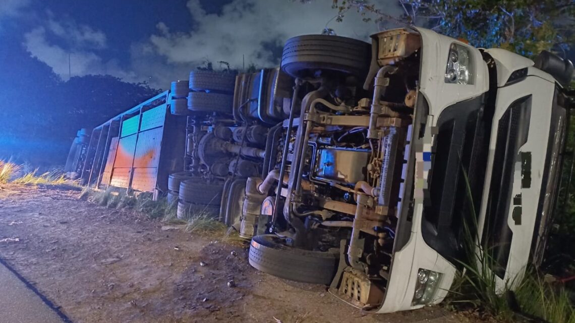 Caminhão cegonha tomba na alça de acesso para BR 232 Caminhão cegonha tomba na alça de acesso para BR 232
