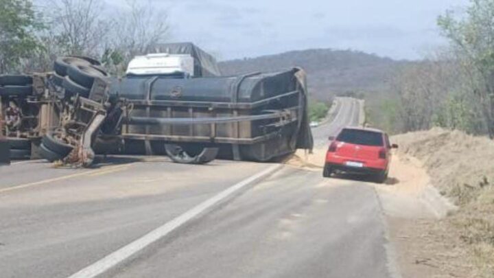Caminhão carregado de soja tomba na BR-232