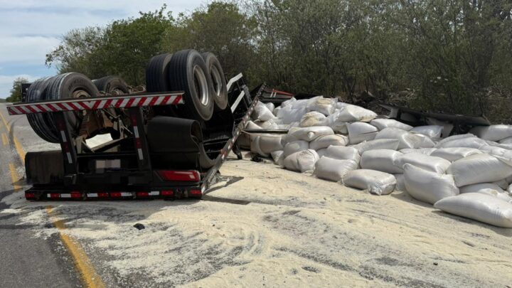 Carro faz ultrapassagem pela contramão e caminhão tomba para não bater de frente