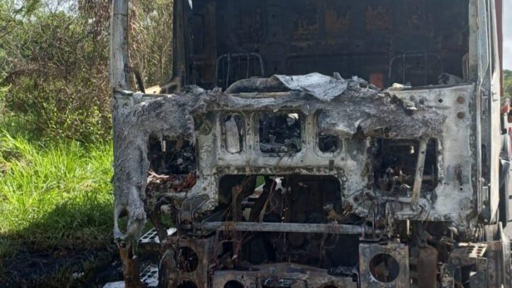 Cabine de caminhão pega fogo na BR 232