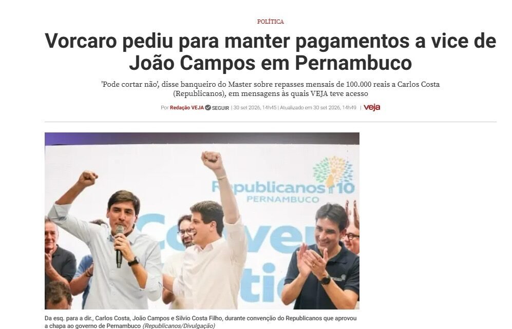 “Pode cortar não”, afirma Vorcaro sobre pagamentos a vice de João Campos, em mensagens reveladas pela Revista Veja